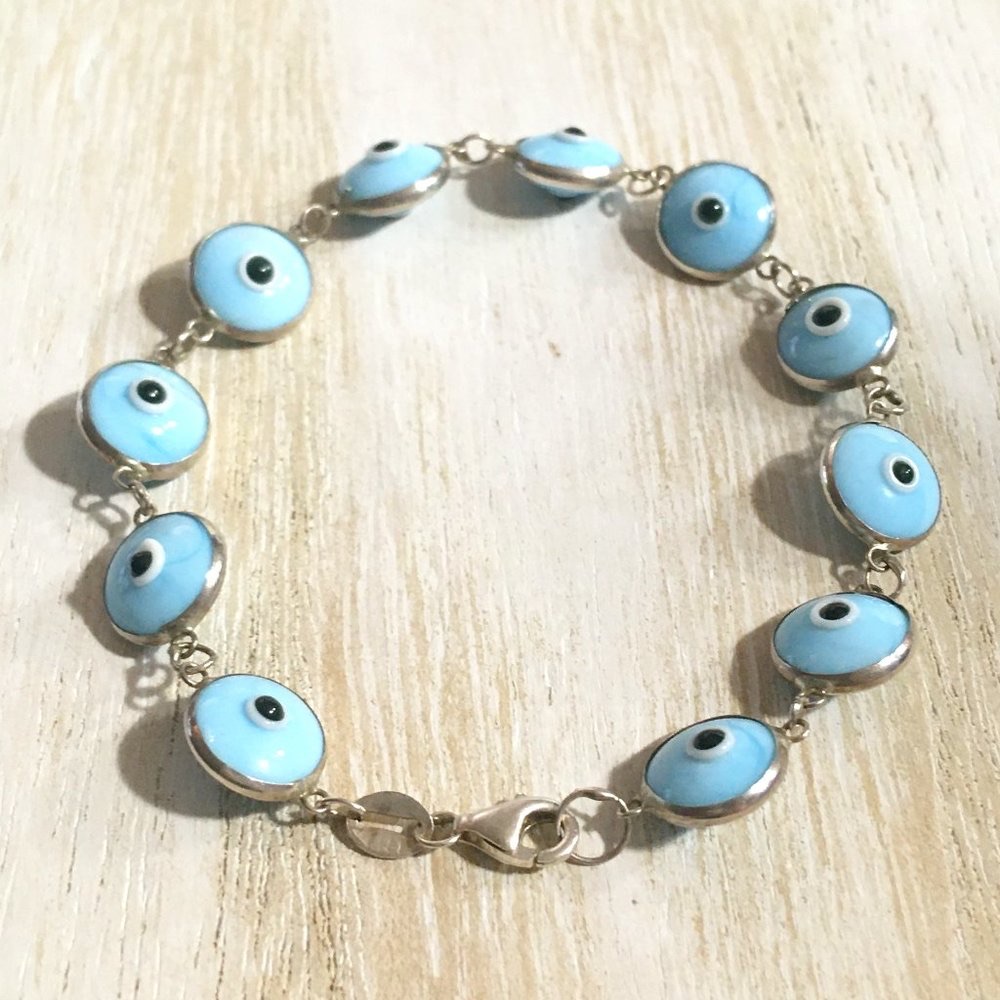 Genuine Sterling Silver 925 & Glass Sky Blue Evil Eye Protection Bracelet 7.5